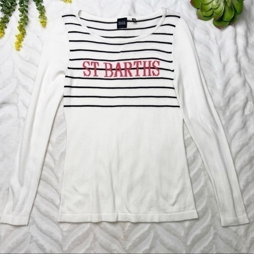 Saks Fifth Ave Black Label St. Barths Intarsia Knit Sweater White Black Striped